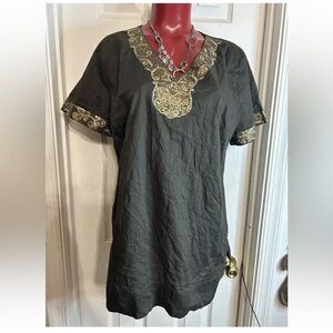 Dana Buchman Top XL Pretty Designs At Neckline Gypsy V-Neck Brown loose Fitting